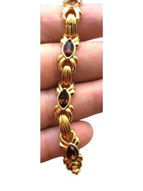 Gold-Tone Bracelet With Marquise Garnet-Colored Stones & Textured Links